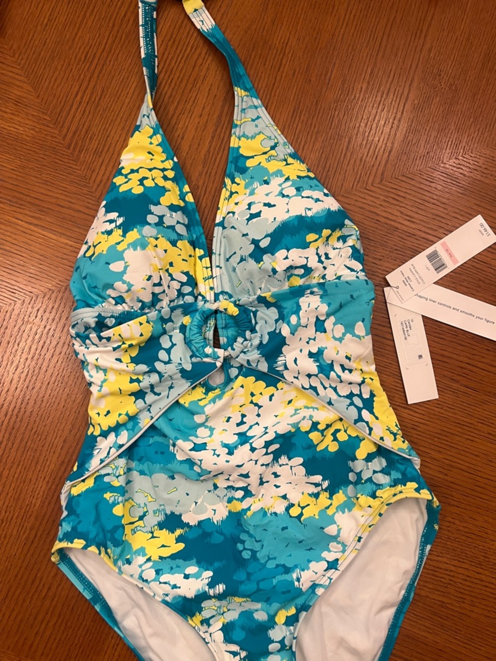 Teal Floral One-Piece Swimsuit with Front Ring shaping liner B17